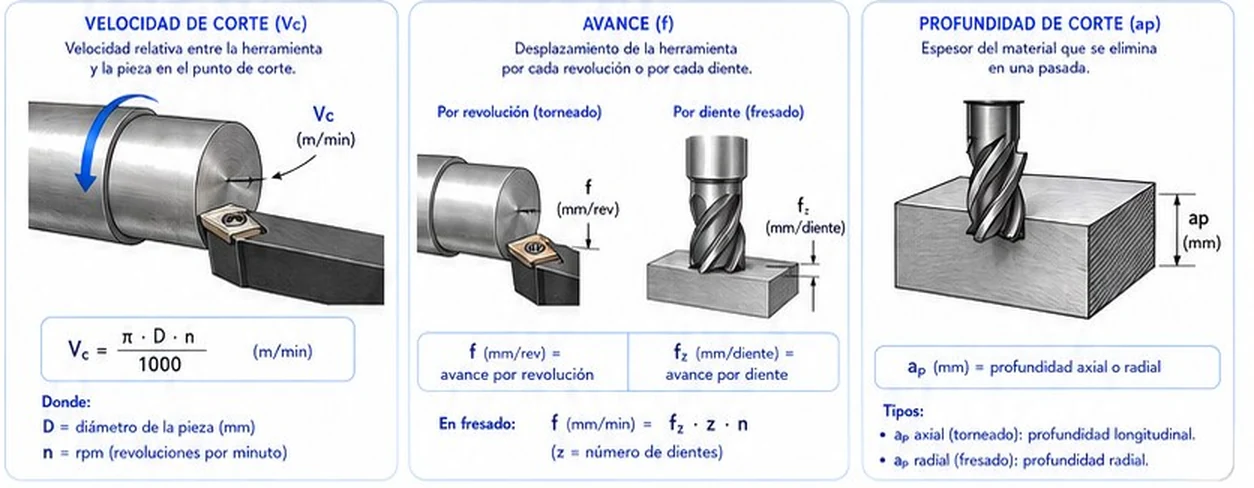 Velocidad de corte Vc, avance f y fz, y profundidad de corte ap en torneado y fresado