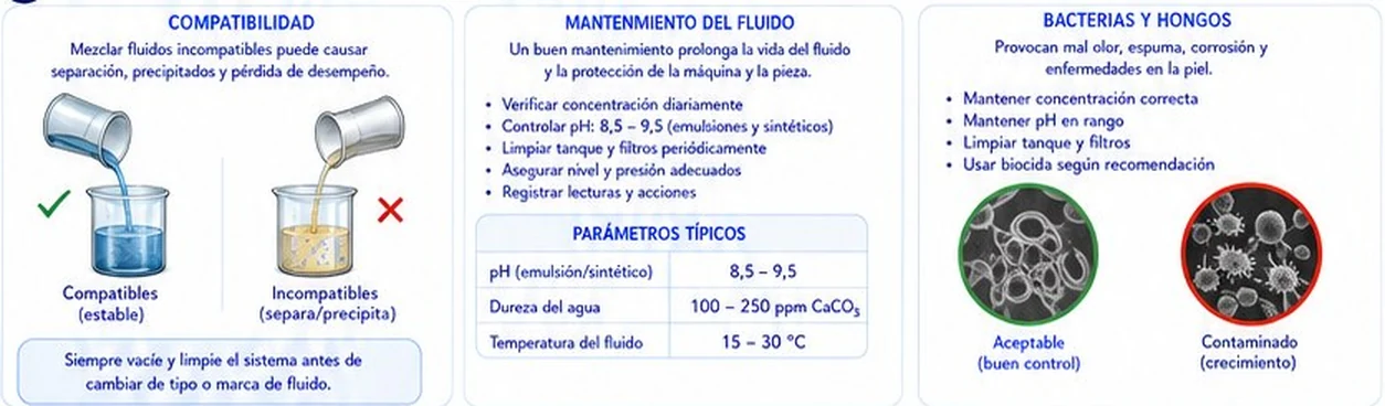 Compatibilidad entre fluidos, mantenimiento del fluido con parámetros típicos y control de bacterias y hongos