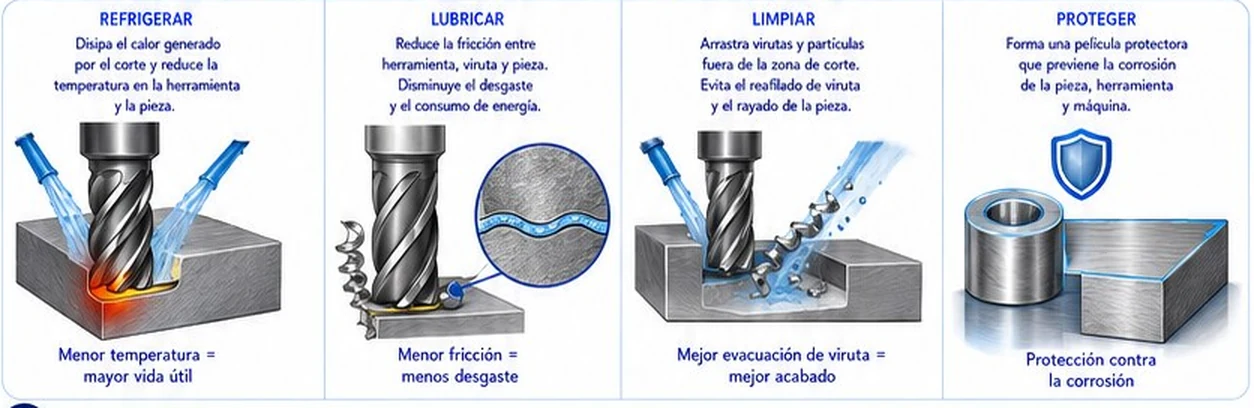 Las cuatro funciones del fluido de corte: refrigerar, lubricar, limpiar y proteger