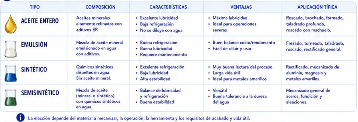 Tabla de tipos de fluido de corte: aceite entero, emulsión, sintético y semisintético con composición, características, ventajas y aplicación