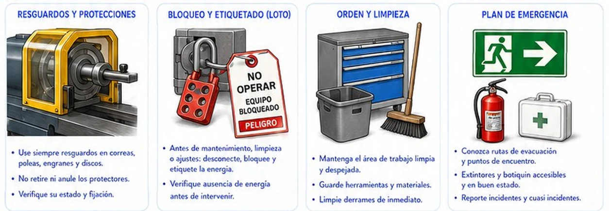 Buenas prácticas: resguardos y protecciones, bloqueo y etiquetado LOTO, orden y limpieza y plan de emergencia