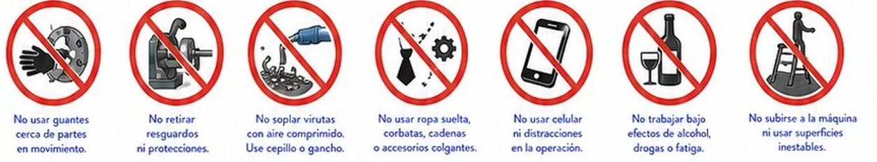 Siete prohibiciones: guantes cerca de partes en movimiento, retirar resguardos, soplar virutas con aire, ropa suelta, celular, trabajar bajo alcohol o fatiga y subirse a la máquina