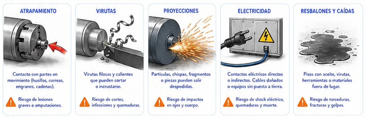 Riesgos comunes: atrapamiento, virutas, proyecciones, electricidad, resbalones y caídas