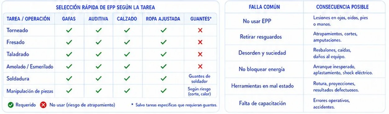 Tabla de EPP según la tarea y fallas comunes con su consecuencia posible