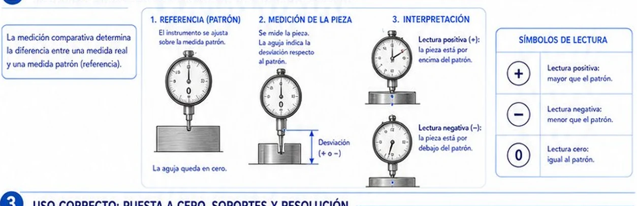 Principio de la medición comparativa: referencia sobre el patrón, medición de la pieza e interpretación de lectura positiva, negativa o cero