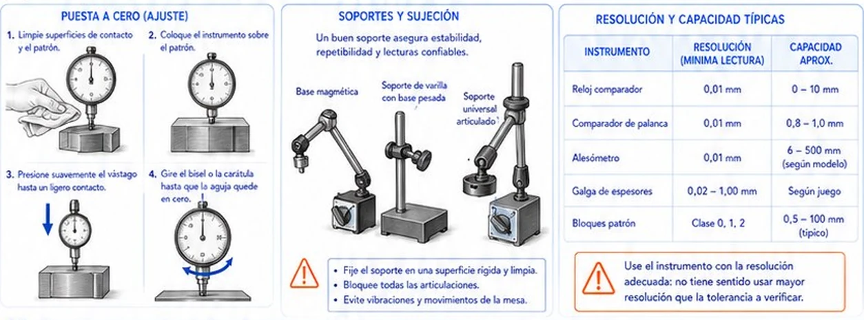Pasos de puesta a cero, tipos de soporte y tabla de resolución y capacidad típicas de cada instrumento