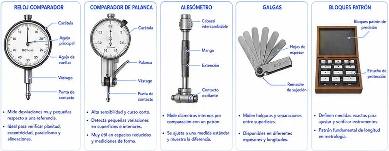 Reloj comparador, comparador de palanca, alesómetro, galgas y bloques patrón con sus partes y usos
