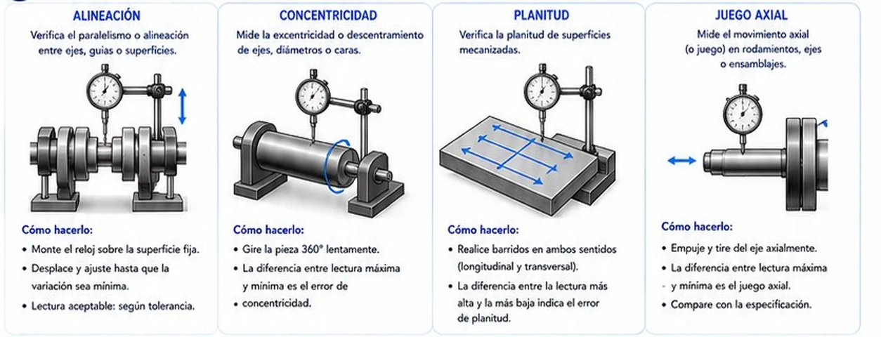 Aplicaciones del reloj comparador: alineación, concentricidad, planitud y juego axial, con el procedimiento de cada una