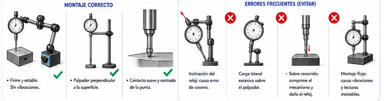 Montaje correcto del reloj comparador y errores frecuentes: inclinación, carga lateral, sobre recorrido y montaje flojo