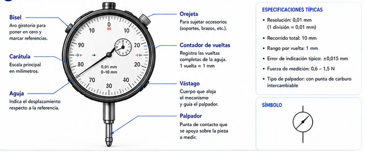 Partes del reloj comparador: bisel, carátula, aguja, orejeta, contador de vueltas, vástago y palpador, con sus especificaciones típicas