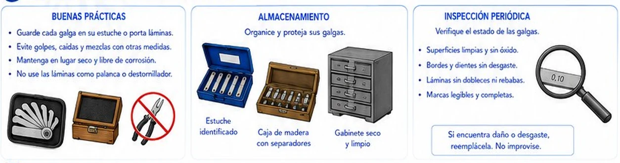 Buenas prácticas de conservación, almacenamiento de galgas en estuche, caja o gabinete e inspección periódica