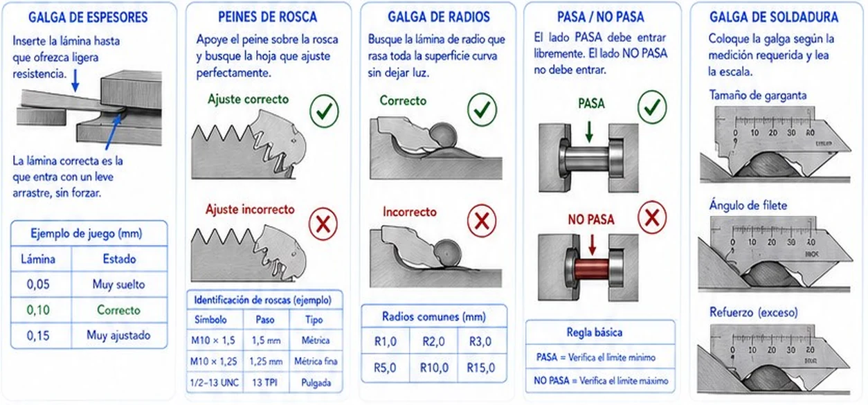 Uso correcto de cada galga: espesores, peines de rosca, radios, pasa no pasa y soldadura, con ejemplos correctos e incorrectos