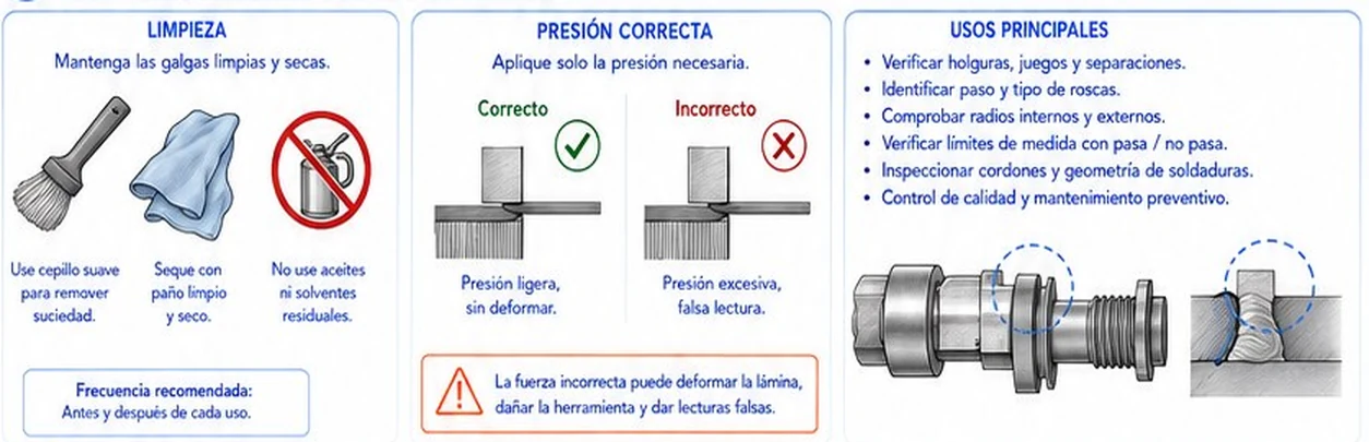 Limpieza de las galgas, presión correcta frente a incorrecta y usos principales