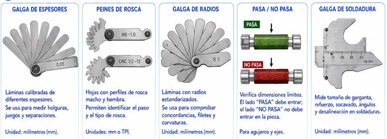 Galga de espesores, peines de rosca, galga de radios, galga pasa no pasa y galga de soldadura con su función y unidades