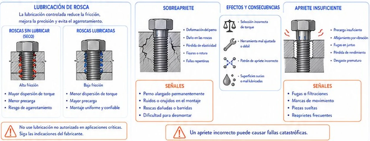 Lubricación de rosca seca frente a lubricada, sobreapriete y apriete insuficiente con sus señales y efectos