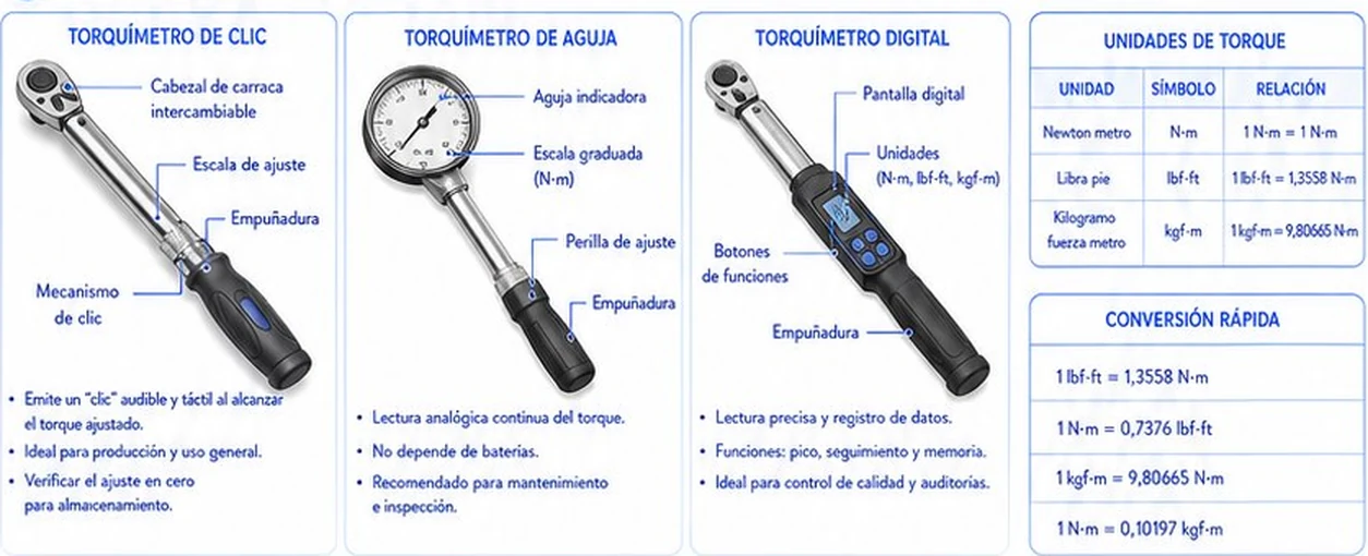Torquímetro de clic, de aguja y digital, con tabla de unidades de torque y conversiones rápidas