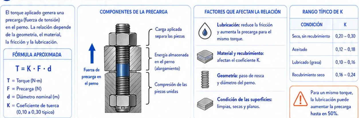 Relación entre torque y precarga: fórmula aproximada T = K F d, componentes de la precarga, factores que afectan la relación y valores típicos de K