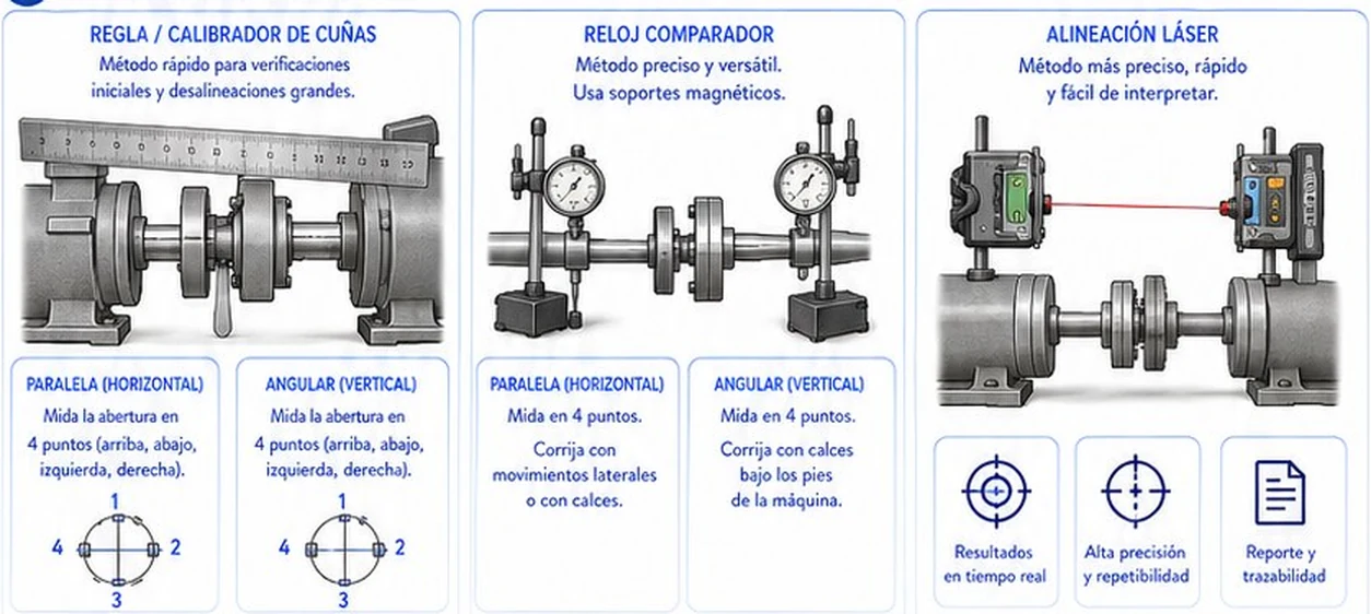 Métodos de medición de alineación: regla o calibrador de cuñas, reloj comparador con soportes magnéticos y alineación láser