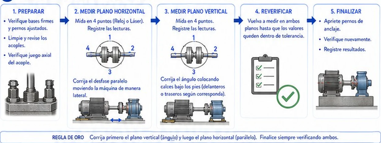 Secuencia en cinco pasos: preparar, medir plano horizontal, medir plano vertical, reverificar y finalizar, con la regla de oro