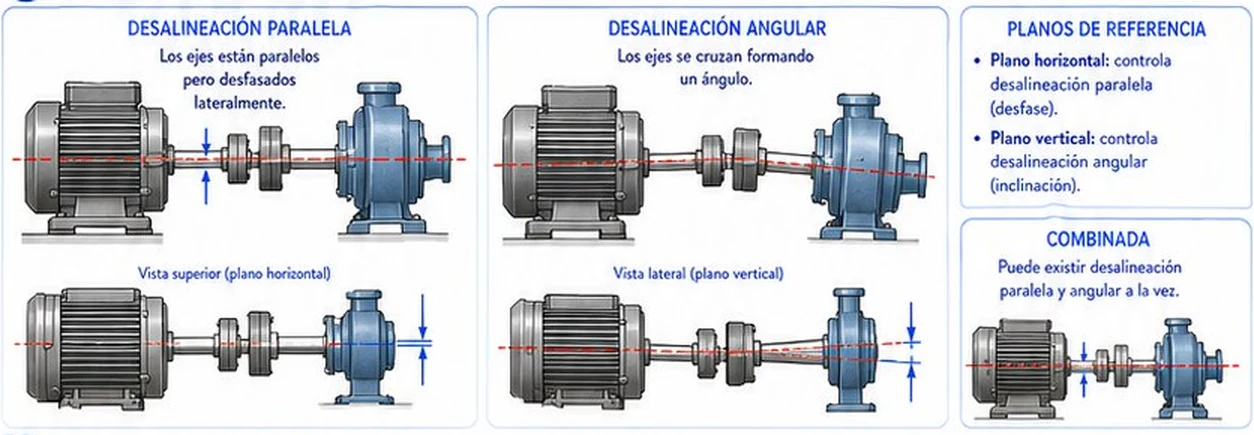 Desalineación paralela, angular y combinada entre motor y bomba, con los planos de referencia horizontal y vertical