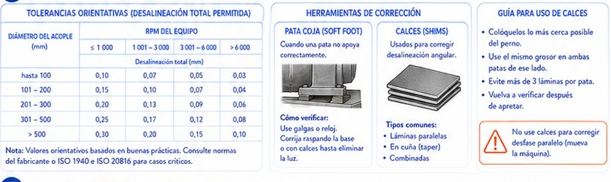 Tabla de tolerancias orientativas de desalineación según diámetro del acople y rpm, y herramientas de corrección: pata coja y calces