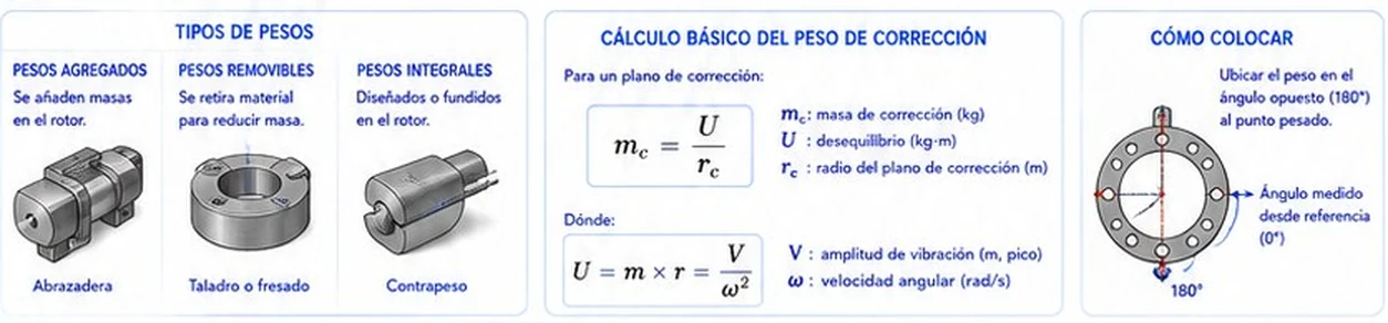 Tipos de pesos de corrección (agregados, removibles e integrales), cálculo básico del peso de corrección y cómo colocarlo