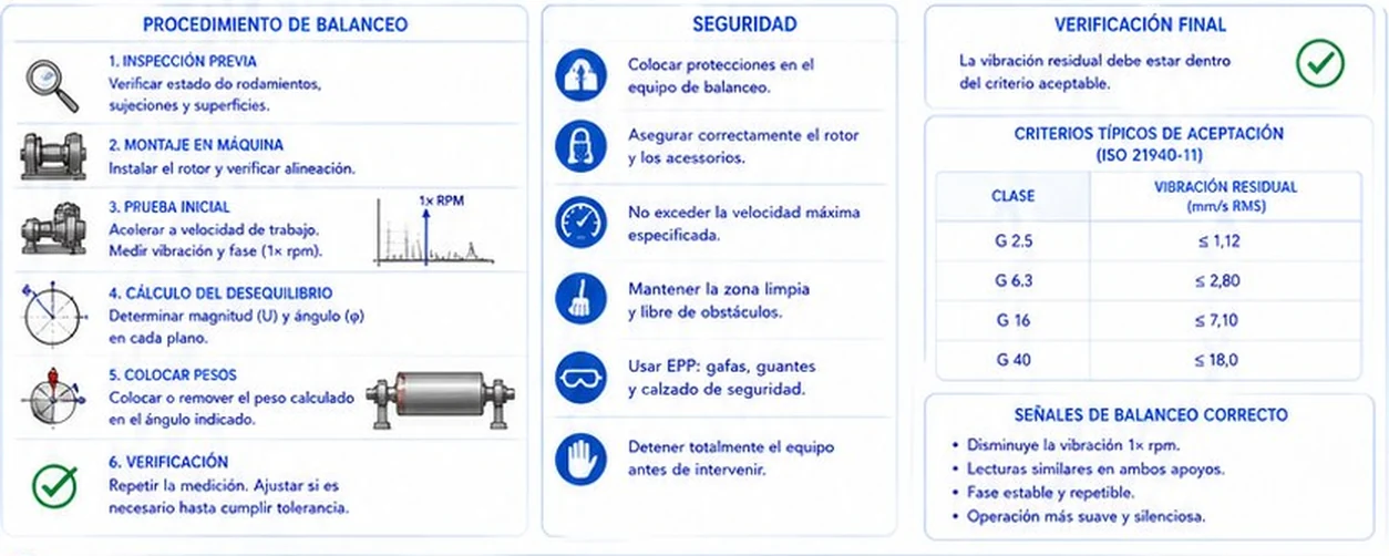 Procedimiento de balanceo en seis pasos, medidas de seguridad, verificación final y criterios de aceptación