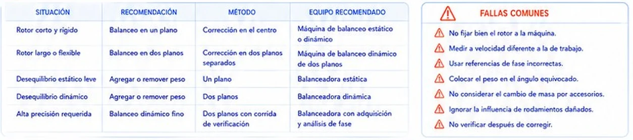 Tabla de selección rápida del tipo de balanceo según la situación y fallas comunes durante el balanceo