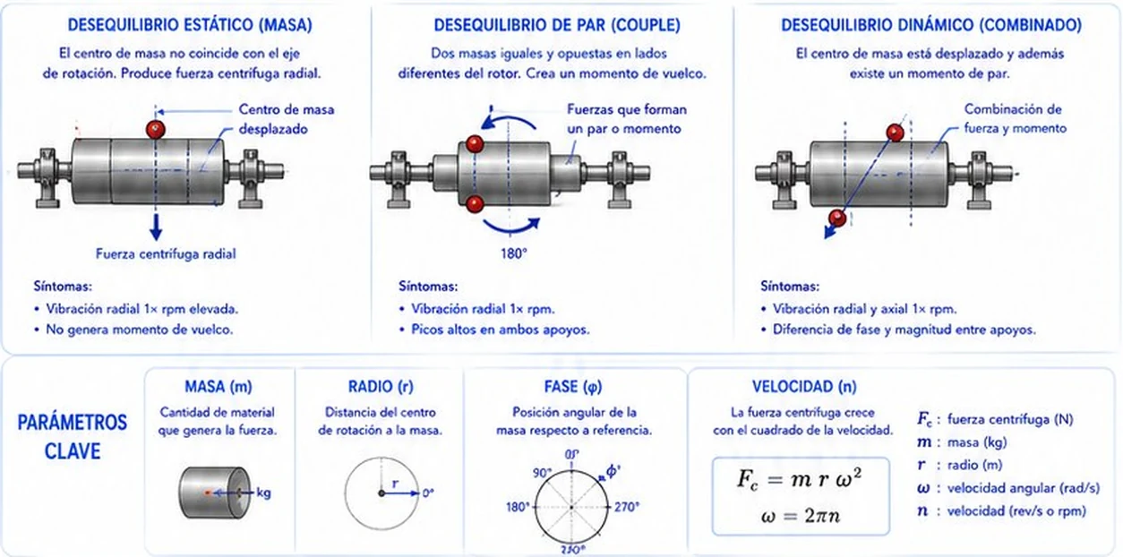 Desequilibrio estático, de par y dinámico con sus síntomas, y parámetros clave: masa, radio, fase y velocidad con la fuerza centrífuga
