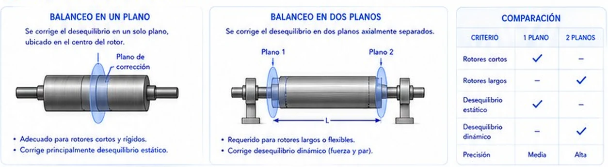 Balanceo en un plano y en dos planos, con su comparación según longitud del rotor, tipo de desequilibrio y precisión