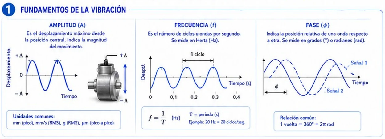 Amplitud, frecuencia y fase de una vibración senoidal, con las unidades comunes y la relación f = 1/T