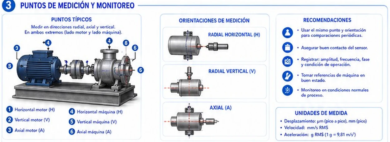 Seis puntos típicos de medición en un conjunto motor y máquina, orientaciones radial horizontal, radial vertical y axial, recomendaciones y unidades