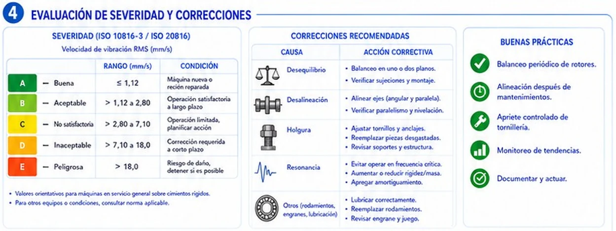 Tabla de severidad ISO con zonas A a E, correcciones recomendadas por causa y buenas prácticas