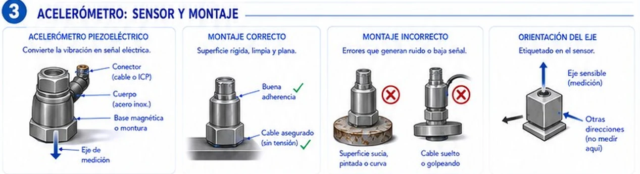Acelerómetro piezoeléctrico con sus partes, montaje correcto, montaje incorrecto y orientación del eje sensible