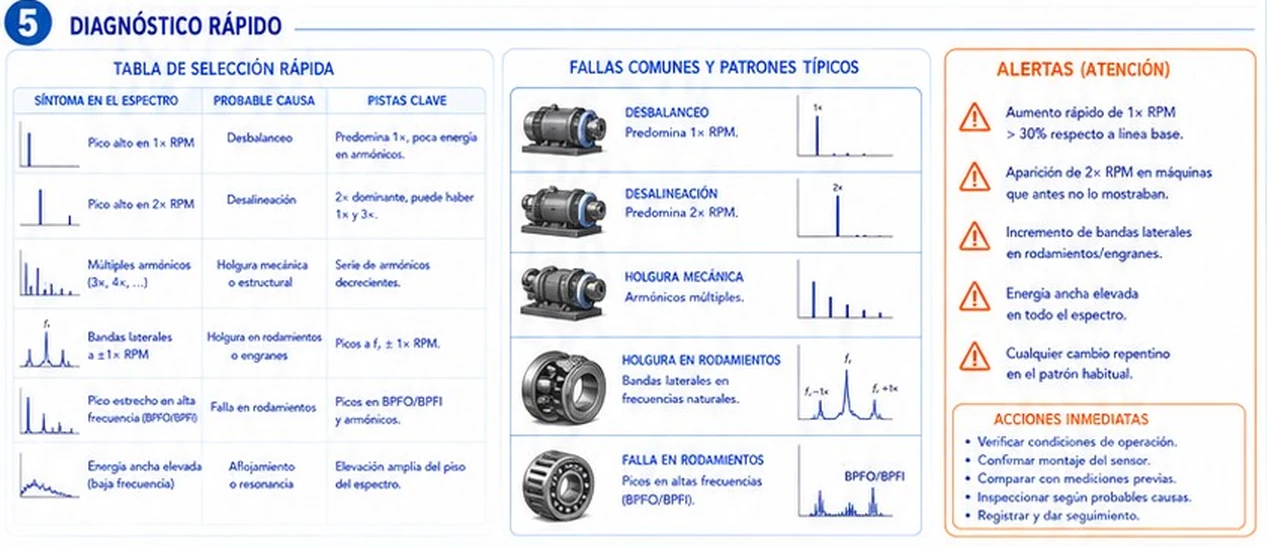 Tabla de selección rápida por síntoma en el espectro, fallas comunes con patrones típicos y alertas de atención