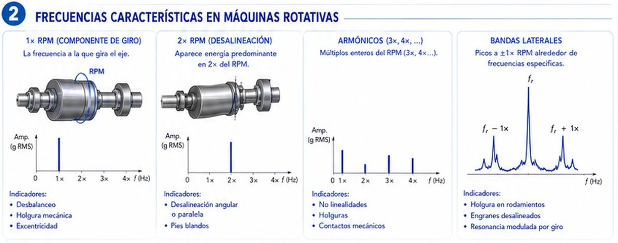Cuatro familias de frecuencias características: 1× rpm, 2× rpm, armónicos y bandas laterales, con sus indicadores