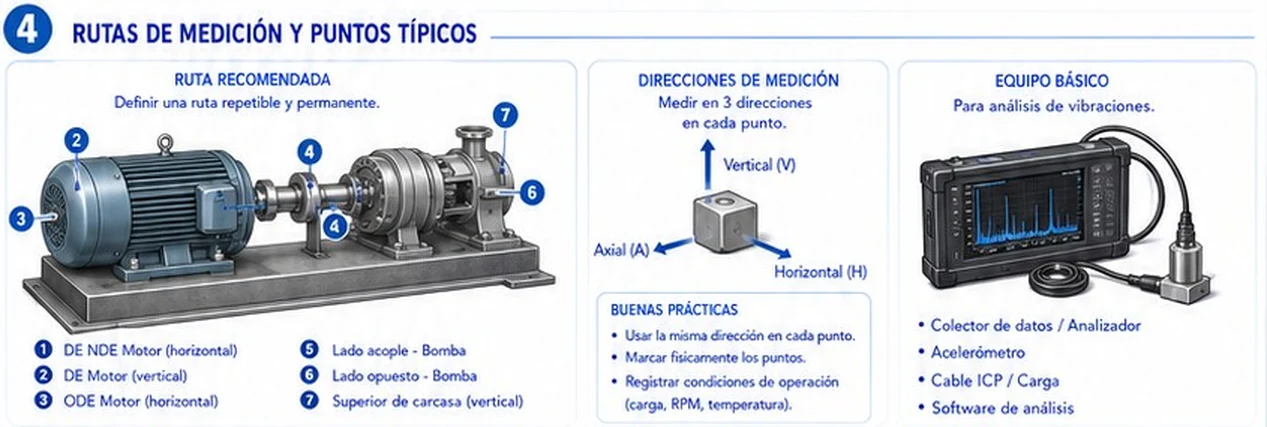 Ruta recomendada de medición en un conjunto motor y bomba con siete puntos, las tres direcciones de medición y el equipo básico