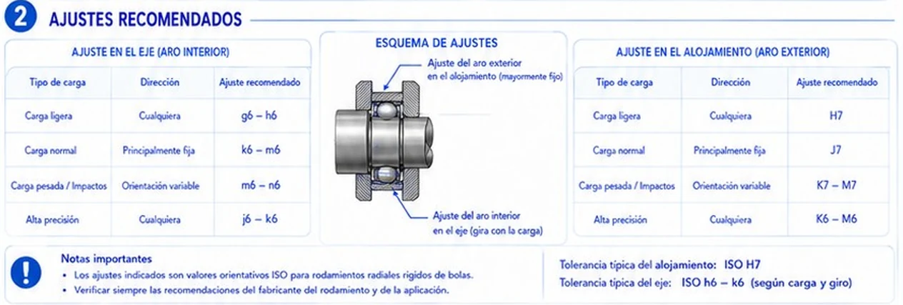 Tablas de ajustes recomendados para el eje y el alojamiento según el tipo de carga