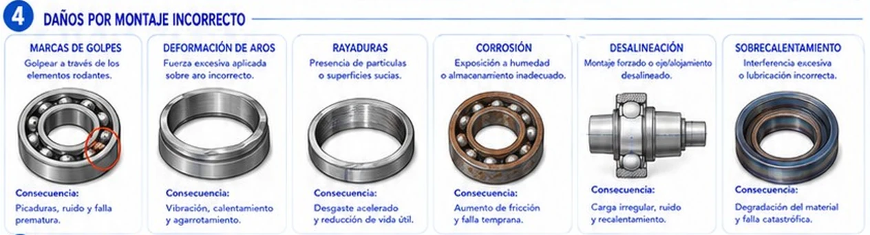 Daños por montaje incorrecto: marcas de golpes, deformación de aros, rayaduras, corrosión, desalineación y sobrecalentamiento