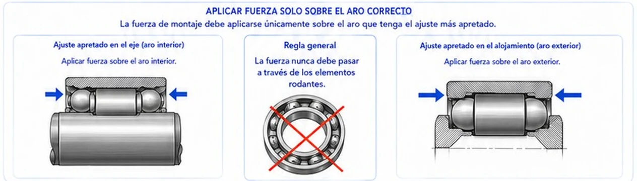 Fuerza de montaje sobre el aro interior si el ajuste apretado está en el eje, sobre el exterior si está en el alojamiento, nunca a través de los elementos rodantes