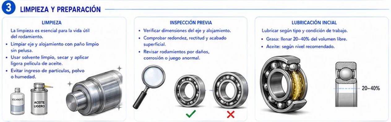 Limpieza de eje y alojamiento, inspección previa del rodamiento y lubricación inicial