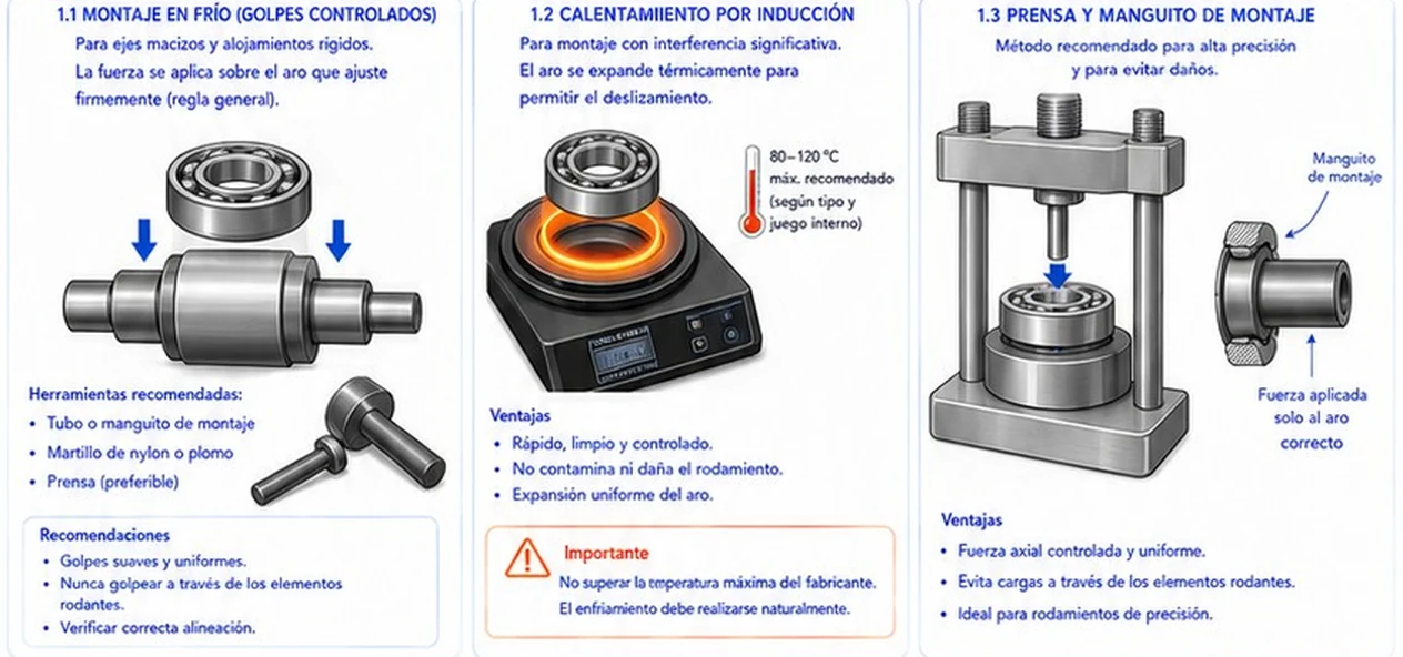 Tres métodos de montaje de rodamientos: en frío con golpes controlados, calentamiento por inducción y prensa con manguito