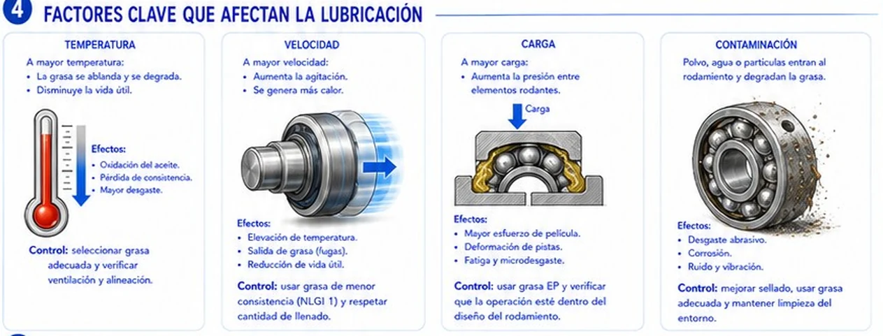 Efecto de la temperatura, la velocidad, la carga y la contaminación en la lubricación y cómo controlarlos
