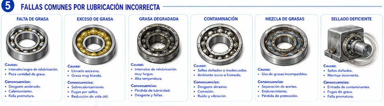 Seis fallas por lubricación incorrecta: falta de grasa, exceso, grasa degradada, contaminación, mezcla de grasas y sellado deficiente