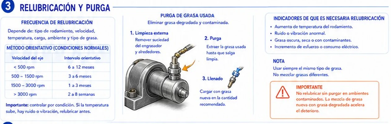 Frecuencia de relubricación por velocidad, pasos de purga de grasa usada e indicadores de que es necesaria la relubricación