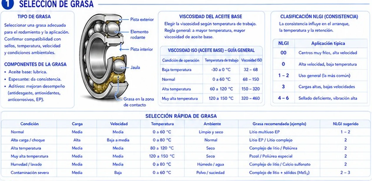 Selección de grasa: componentes, viscosidad ISO del aceite base, clasificación NLGI y tabla de selección rápida