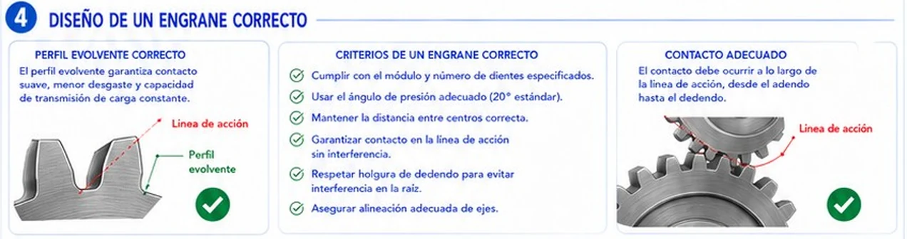 Criterios de un engranaje correcto: perfil evolvente, ángulo de presión de 20°, distancia entre centros correcta, contacto sobre la línea de acción y holgura de dedendo