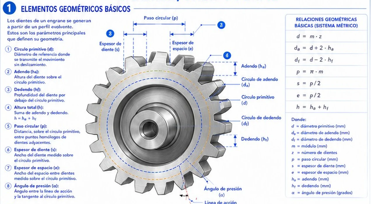 Elementos geométricos de un engranaje: círculo primitivo, adendo, dedendo, altura total, paso circular, espesor de diente, espesor de espacio y ángulo de presión, con las relaciones del sistema métrico