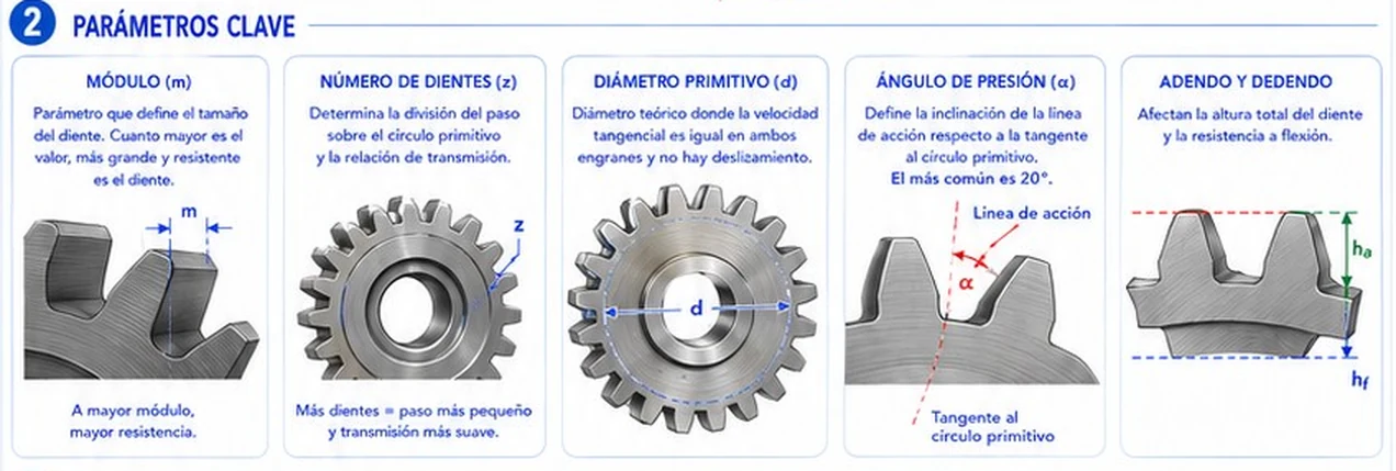 Cinco parámetros clave: módulo, número de dientes, diámetro primitivo, ángulo de presión y adendo y dedendo