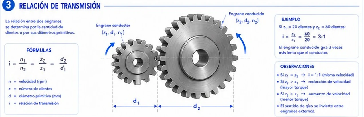 Relación de transmisión entre un engrane conductor y uno conducido: i = n1/n2 = z2/z1 = d2/d1, con ejemplo z1 = 20 y z2 = 60